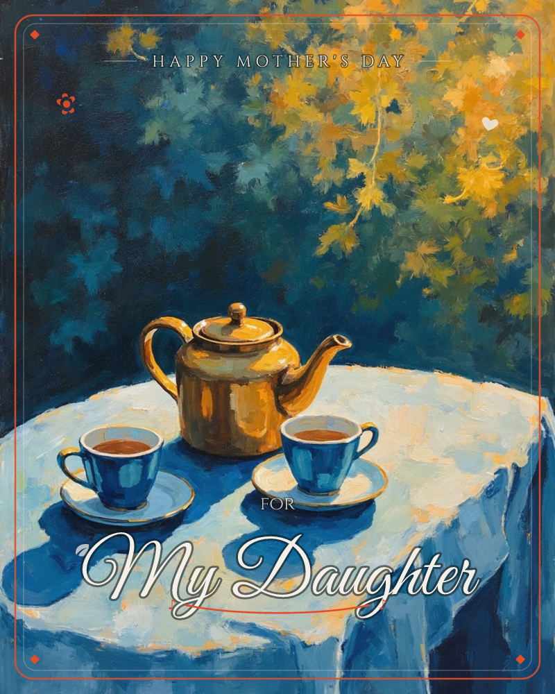 A golden brass teapot sits between two filled teacups on a pale blue tablecloth, painted in loose, sunlit brushstrokes, a mothersday e-card design