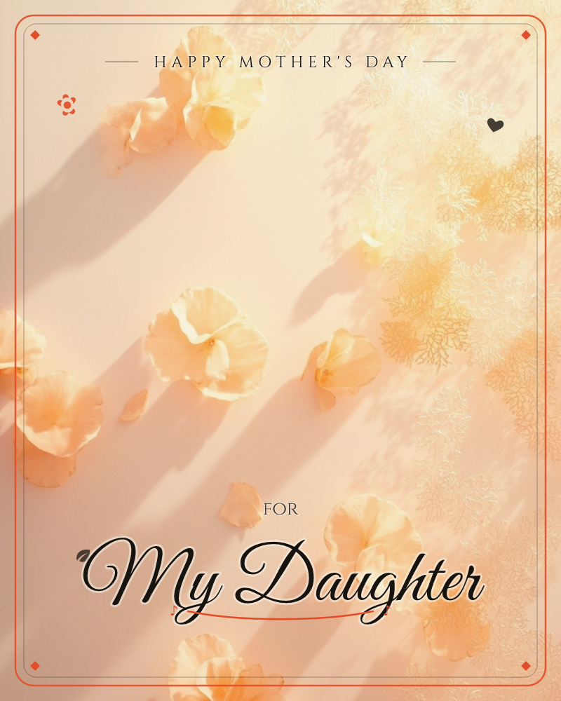 Peach-toned poppy petals lie scattered across a blush surface, their long shadows stretching under warm, low sunlight, a mothersday e-card design