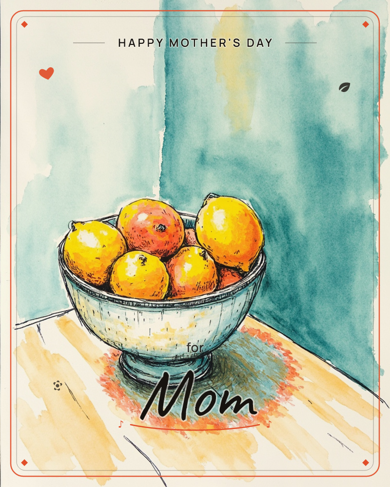 A pedestal bowl of lemons and oranges sits on a wooden tabletop against a loosely washed teal wall, the fruit rendered in bright ink-outlined…, a mothersday e-card design