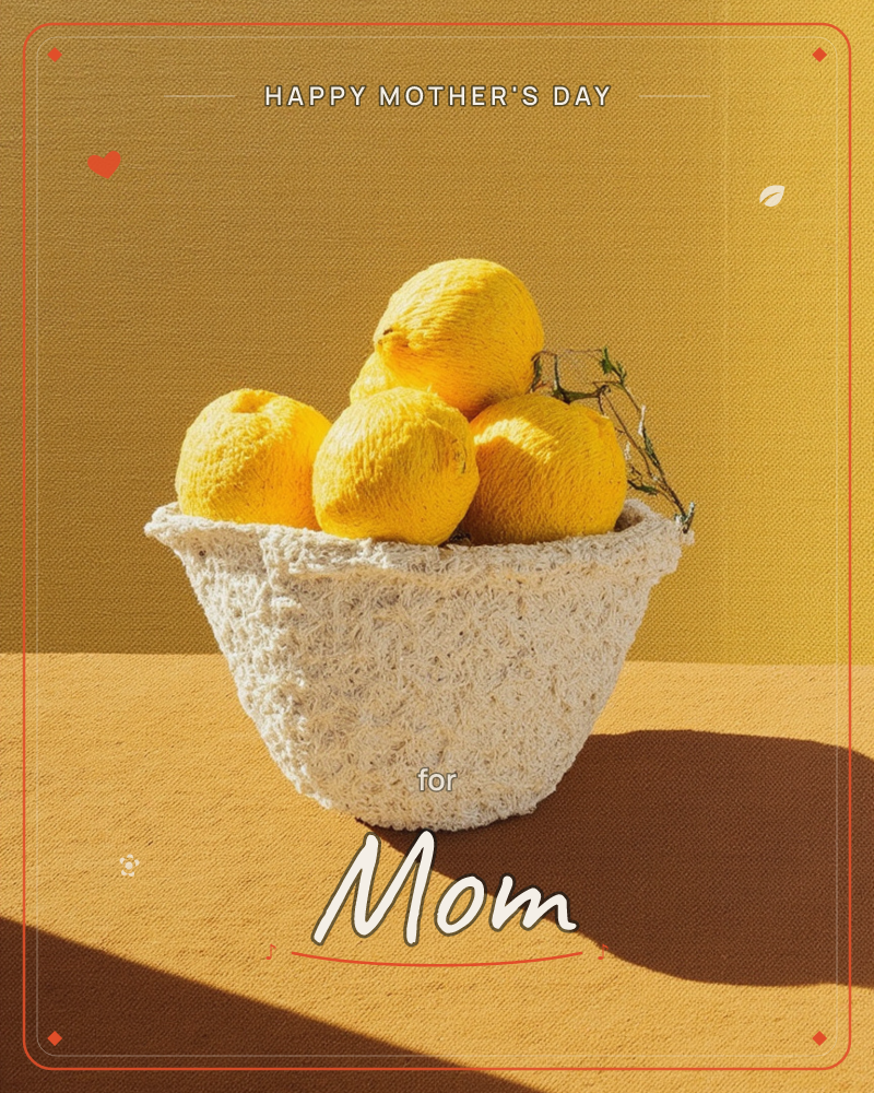 A rough textured bowl holds a pile of bright yellow lemons, one still trailing a curled stem, a mothersday e-card design