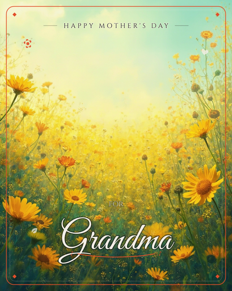 A sunlit meadow stretches out thick with yellow and orange daisies, their stems leaning every which way toward a hazy, glowing horizon, a mothersday e-card design