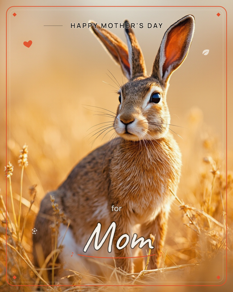 A wild hare sits alert among dry golden grass, ears raised tall and lit from behind by warm late-day sun, a mothersday e-card design
