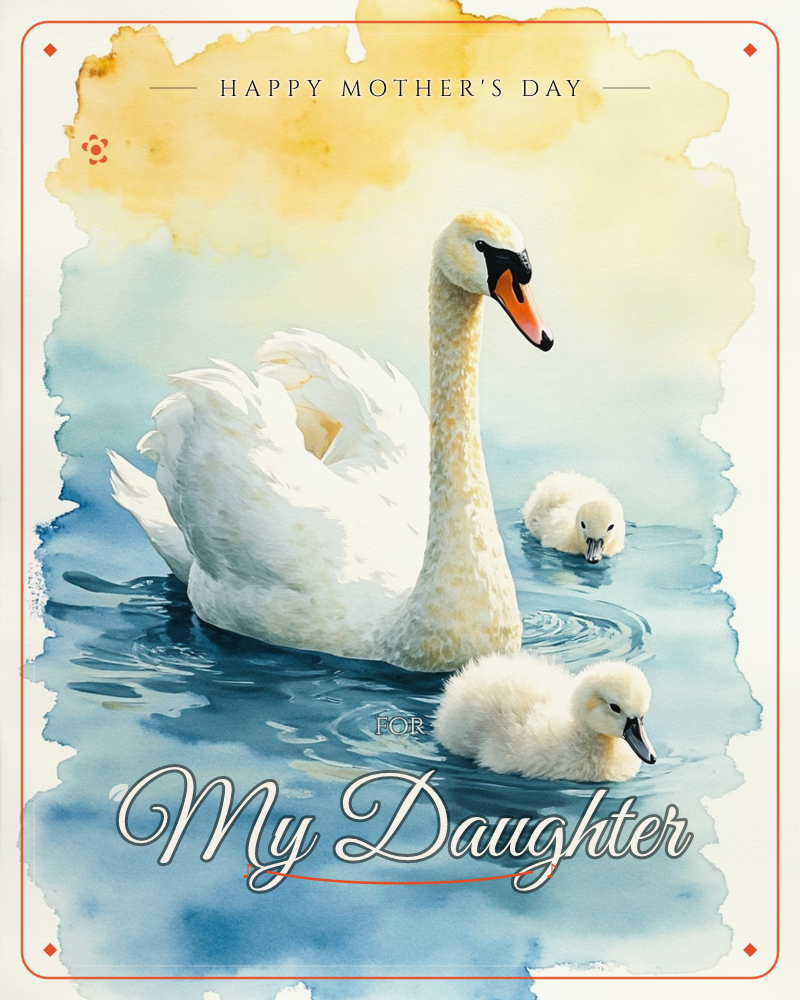 A mute swan glides across calm blue-grey water with two fluffy grey cygnets paddling close beside her, the whole image framed by a soft golden mist…, a mothersday e-card design