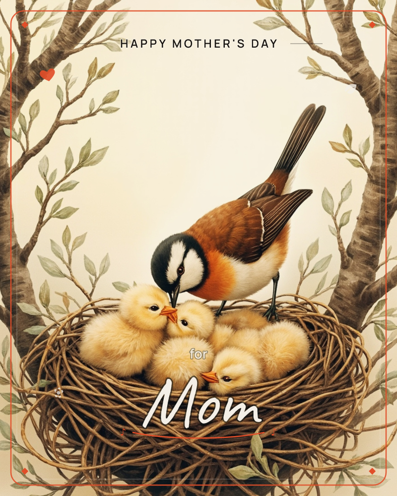 A rust-and-cream mother bird leans into a woven twig nest, feeding a huddle of fluffy yellow chicks framed by two slender trees with soft green leaves, a mothersday e-card design