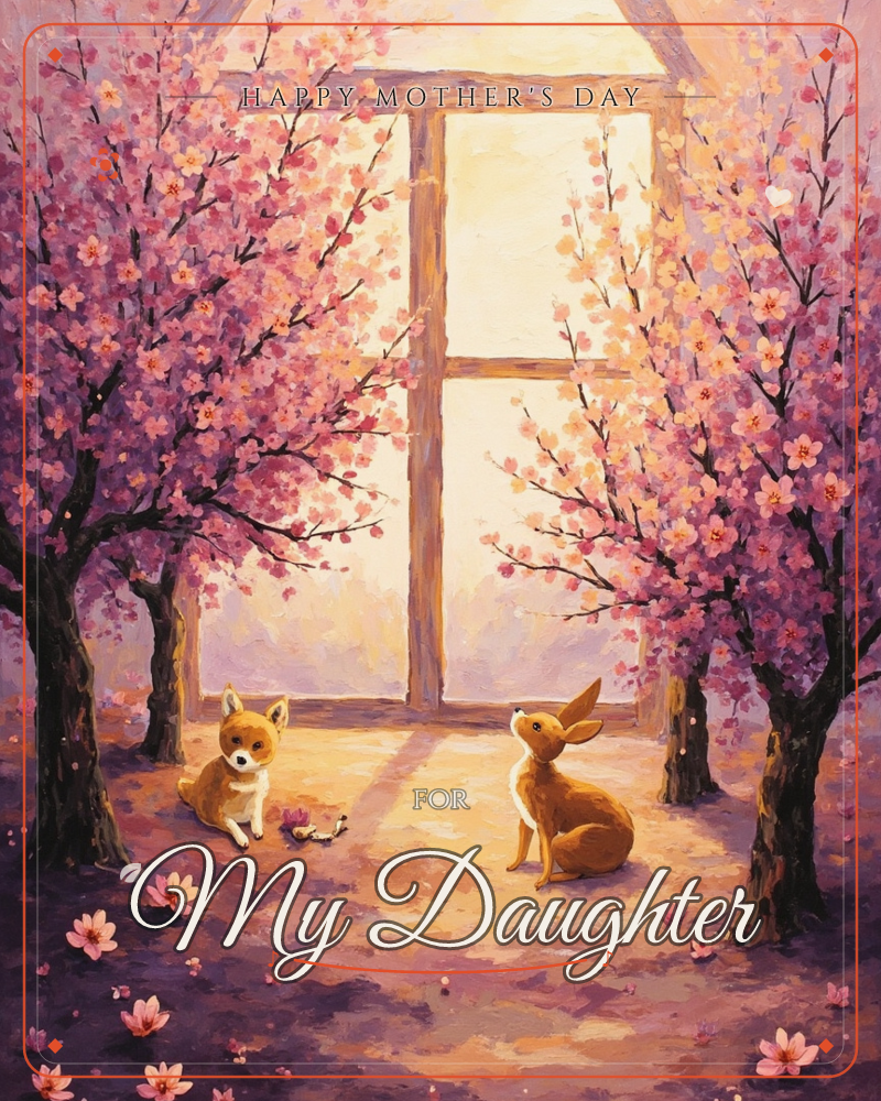 A corgi puppy and a rabbit sit together beneath an arched window framed by two blooming cherry trees, their pink blossoms glowing under warm golden light, a mothersday e-card design