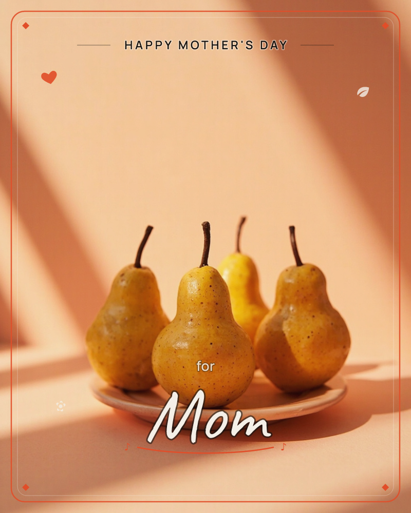 Four golden-yellow pears sit on a pale plate against a soft peach backdrop, their stems reaching upward in gentle disarray, a mothersday e-card design