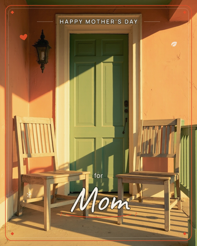 A sun-warmed porch corner glows peach and coral, with a sage-green paneled door framed in white trim casting long, sharp shadows across the wall, a mothersday e-card design