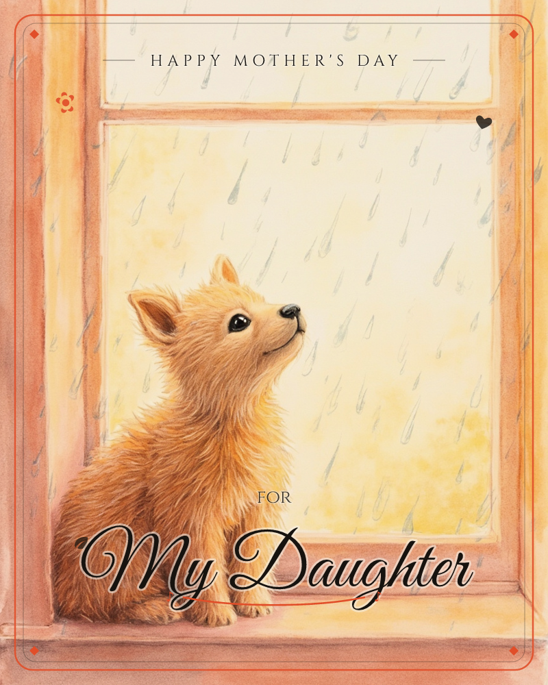 A small shaggy puppy sits on a wooden windowsill, gazing up through a rain-streaked pane at a soft golden sky, a mothersday e-card design