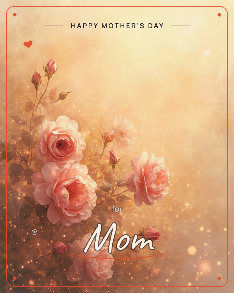 A cluster of full-blown pink roses and tight buds climbs up the left side of the card, their petals softly layered against a hazy golden-amber background, a mothersday e-card design
