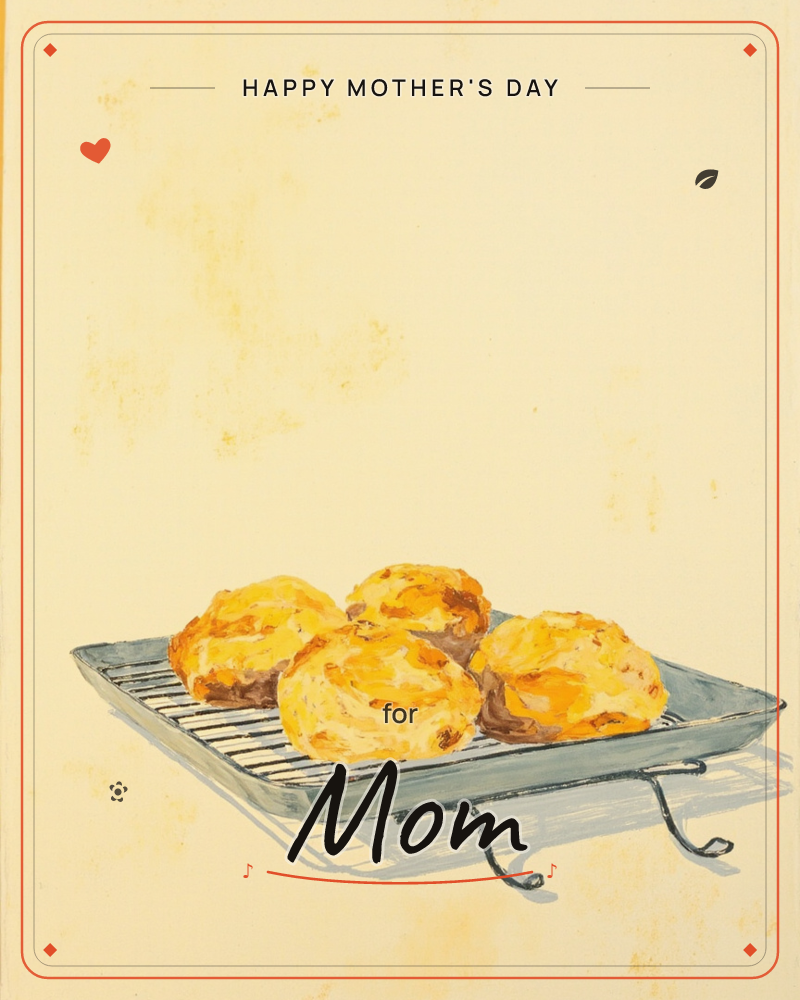 Four golden, cheese-topped biscuits sit cooling on a wire rack set on a footed baking tray, painted against a warm, mottled cream background, a mothersday e-card design