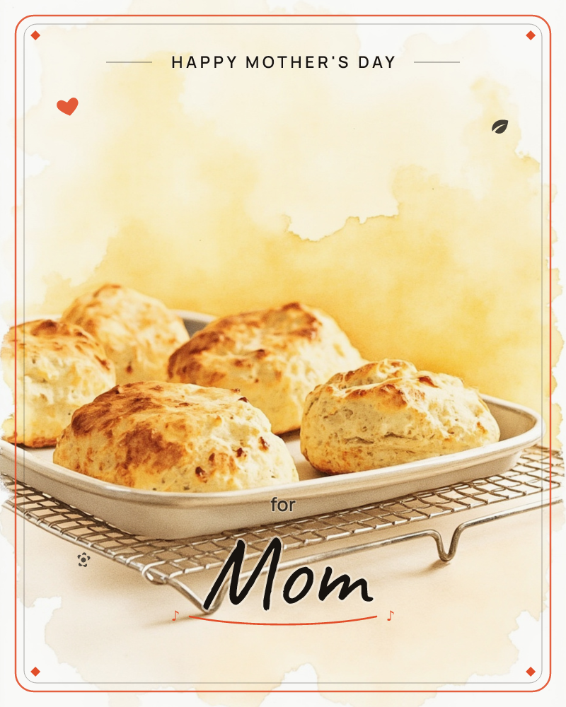 A tray of five golden-baked biscuits, freshly browned on top, rests on a wire cooling rack against a warm wash of soft yellow watercolour, a mothersday e-card design