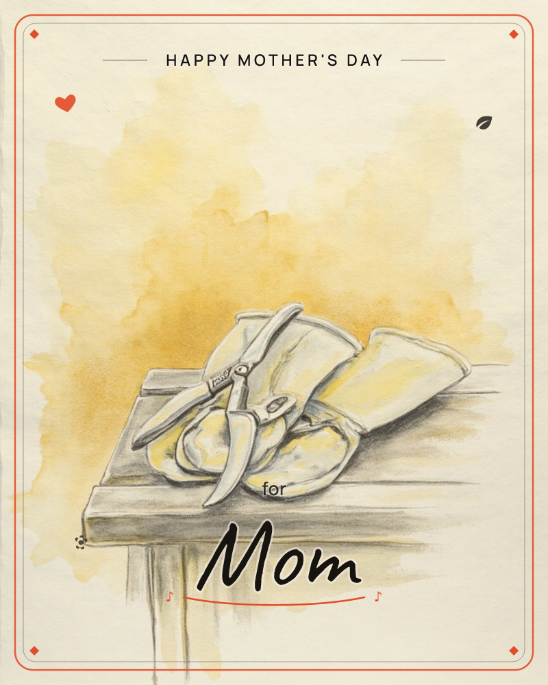 A pair of well-worn gardening gloves lies draped over pruning shears on a weathered wooden shelf, rendered in loose watercolour washes, a mothersday e-card design