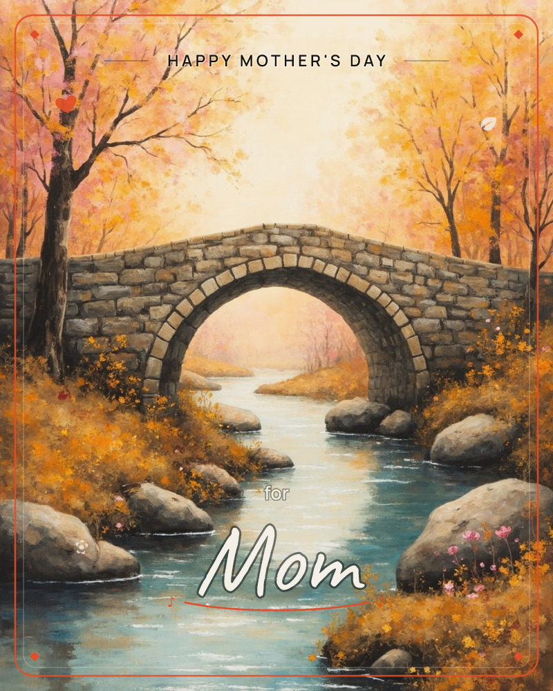 An old stone arch bridge spans a calm blue-green stream, framed by autumn trees glowing gold and rose, a mothersday e-card design