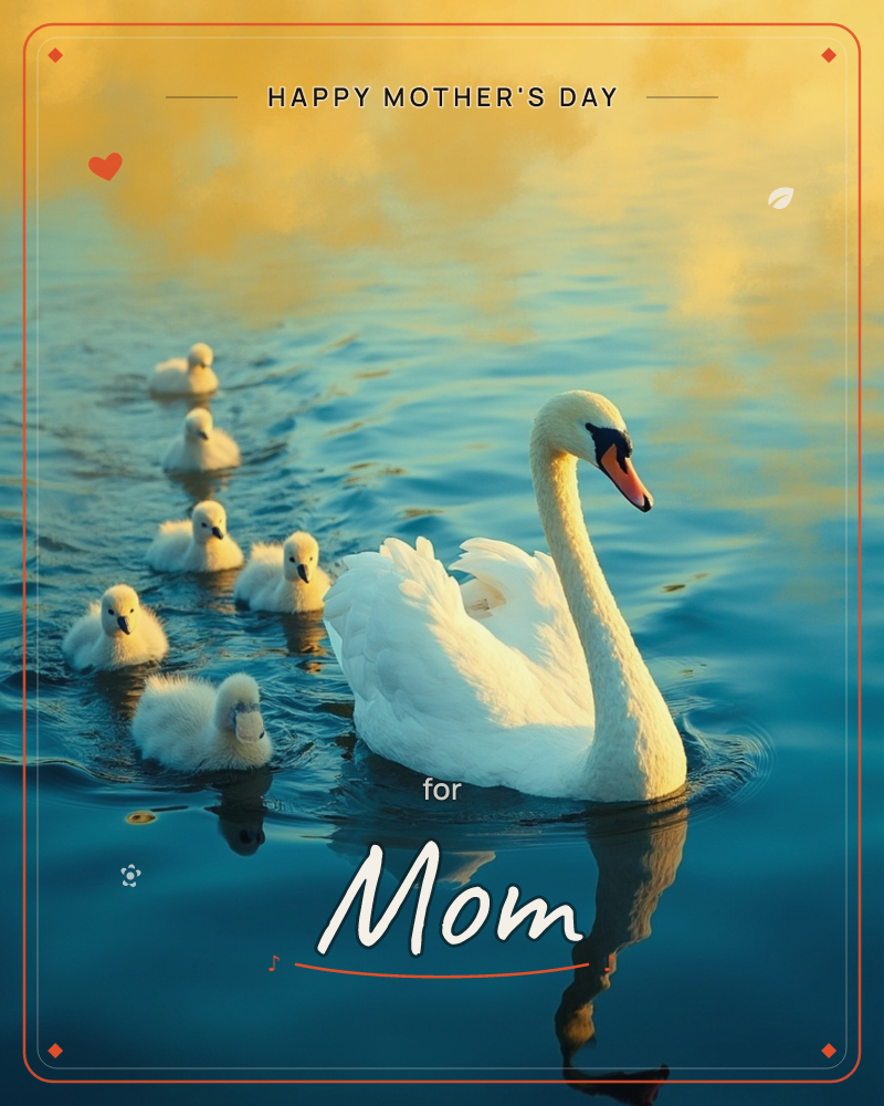 A white swan glides across calm blue water, leading a line of six fluffy cygnets in its wake, a mothersday e-card design