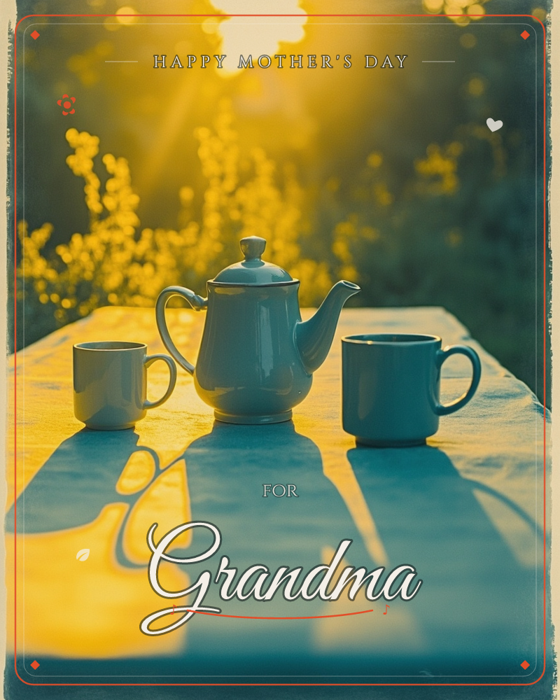 A teapot and two mugs sit on a wooden outdoor table, backlit by low golden sunlight streaming through blurred wildflowers, a mothersday e-card design