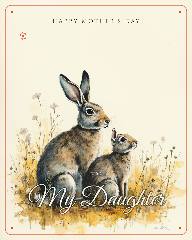 A tall hare sits alert beside a smaller hare, both facing the same direction among wispy golden wildflowers and dry grasses, a mothersday e-card design