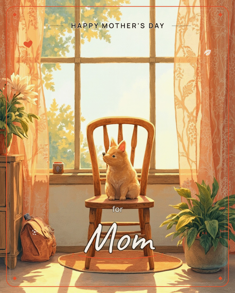 A small tan puppy sits upright on a wooden chair by a sunlit window, gazing out at leafy treetops through sheer patterned curtains, a mothersday e-card design