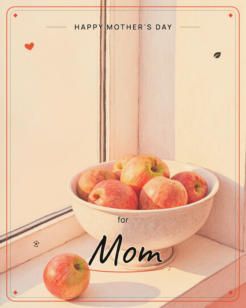 A white pedestal bowl piled with red-gold apples sits on a sunlit windowsill, one apple rolled loose beside it, the whole scene bathed in warm cream…, a mothersday e-card design