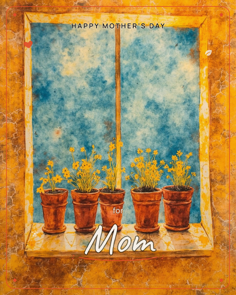A row of five terracotta pots lines a stone windowsill, each filled with small yellow star-shaped flowers reaching toward a mottled blue and cream sky…, a mothersday e-card design