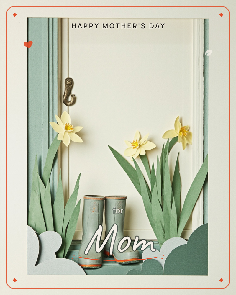 A paper-craft scene shows a pair of small green wellington boots standing before a panelled door, flanked by tall paper daffodils in soft yellow and…, a mothersday e-card design