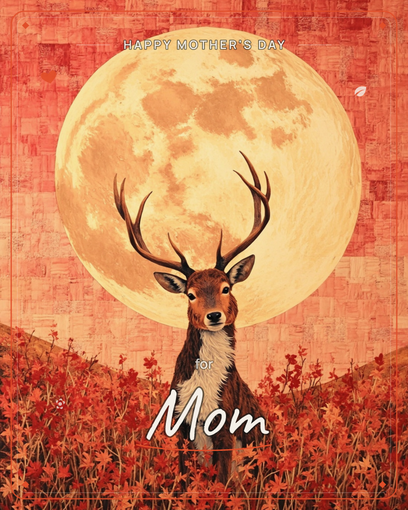 A stag with full antlers stands chest-deep in a field of small red flowers, framed by an enormous glowing moon that fills the sky behind it, a mothersday e-card design