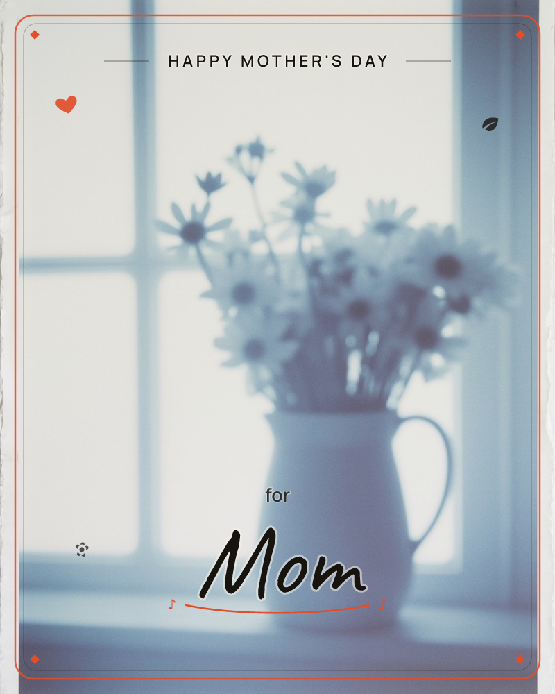 A soft, out-of-focus photograph shows a white pitcher of daisies sitting on a windowsill, backlit by hazy daylight through a paned window, a mothersday e-card design