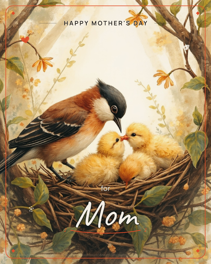 A rust-and-black-headed bird tends to two fluffy yellow chicks nestled in a woven twig nest, framed by an arching branch dotted with orange blossoms…, a mothersday e-card design