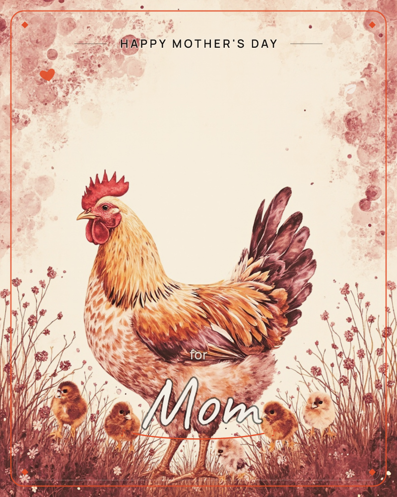 A watercolour hen with a rich amber and burgundy tail stands proud among wispy dried grasses and tiny pink wildflowers, a scatter of fluffy chicks…, a mothersday e-card design