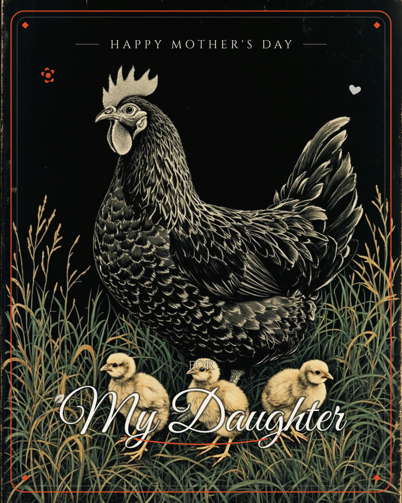 A dark, richly feathered hen stands watch in tall grass against a near-black background, her comb and wattle bright red against finely etched…, a mothersday e-card design