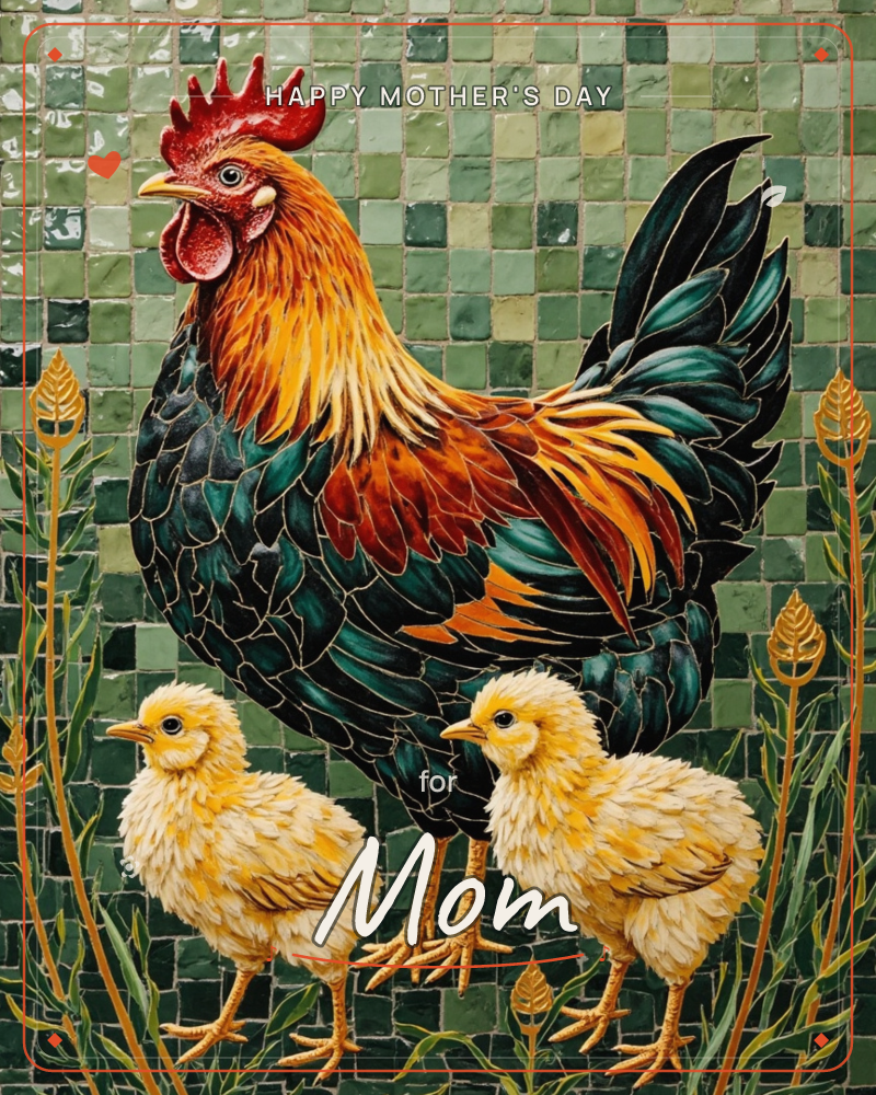 A mosaic-style rooster with a fiery red comb and glossy green-black tail feathers stands guard over two fluffy yellow chicks, all rendered in…, a mothersday e-card design