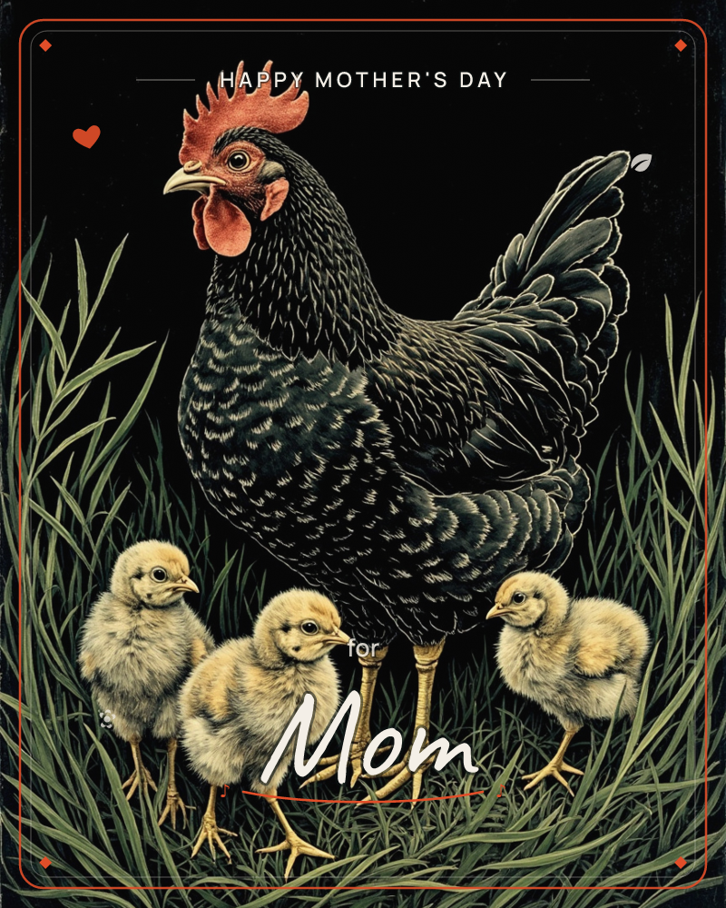 A speckled black hen stands watchful amid tall grass against a deep black background, her red comb and wattle glowing against dark feathers, three…, a mothersday e-card design