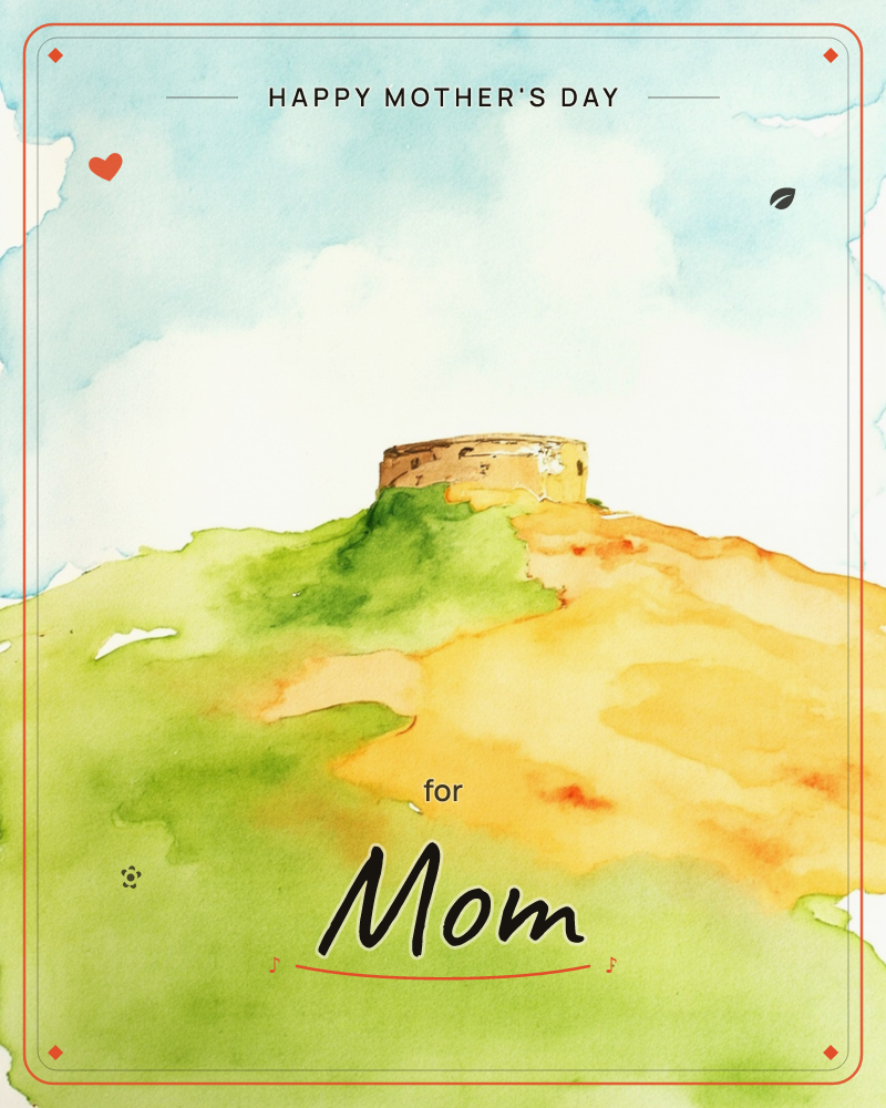A watercolour hilltop rises in bands of green and ochre toward a small round stone tower at its crest, its walls washed in soft browns and rust, a mothersday e-card design