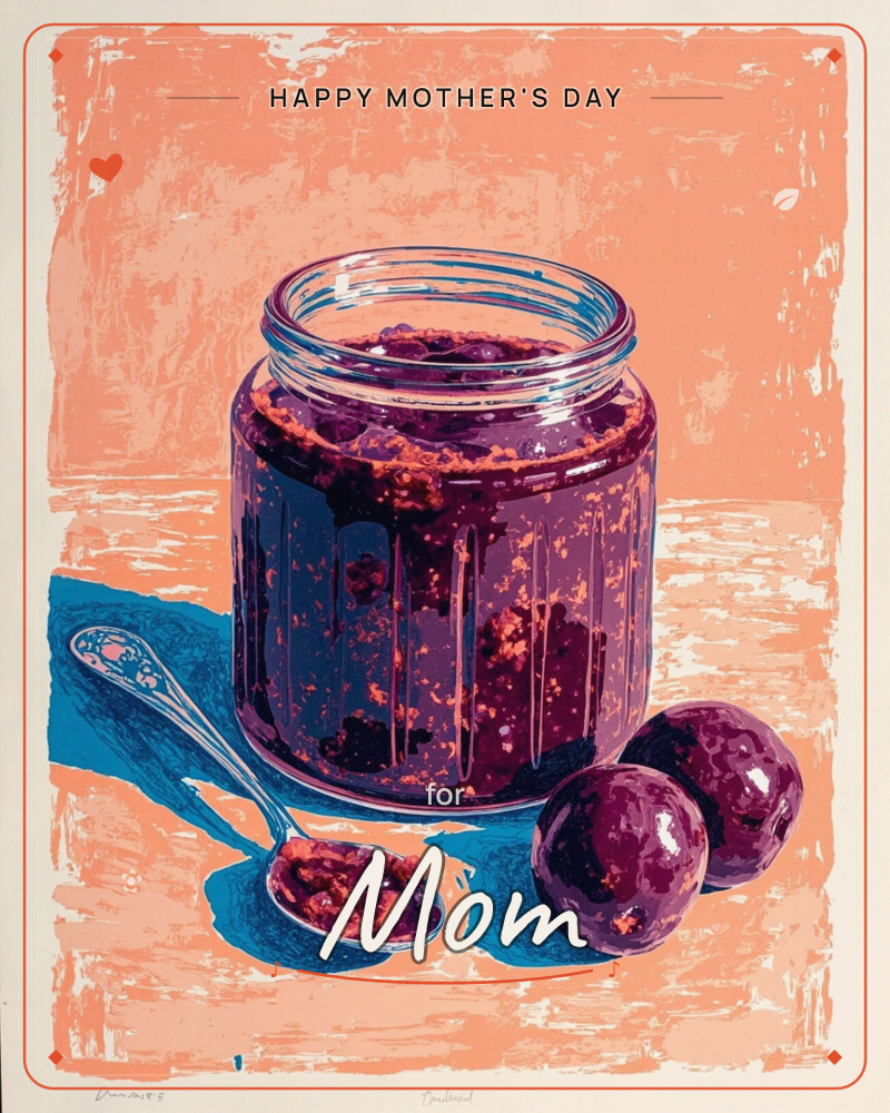 A glass jar of dark plum jam sits open on a peach-toned tabletop, with a laden spoon and two whole plums beside it, all rendered in bold blue shadows…, a mothersday e-card design