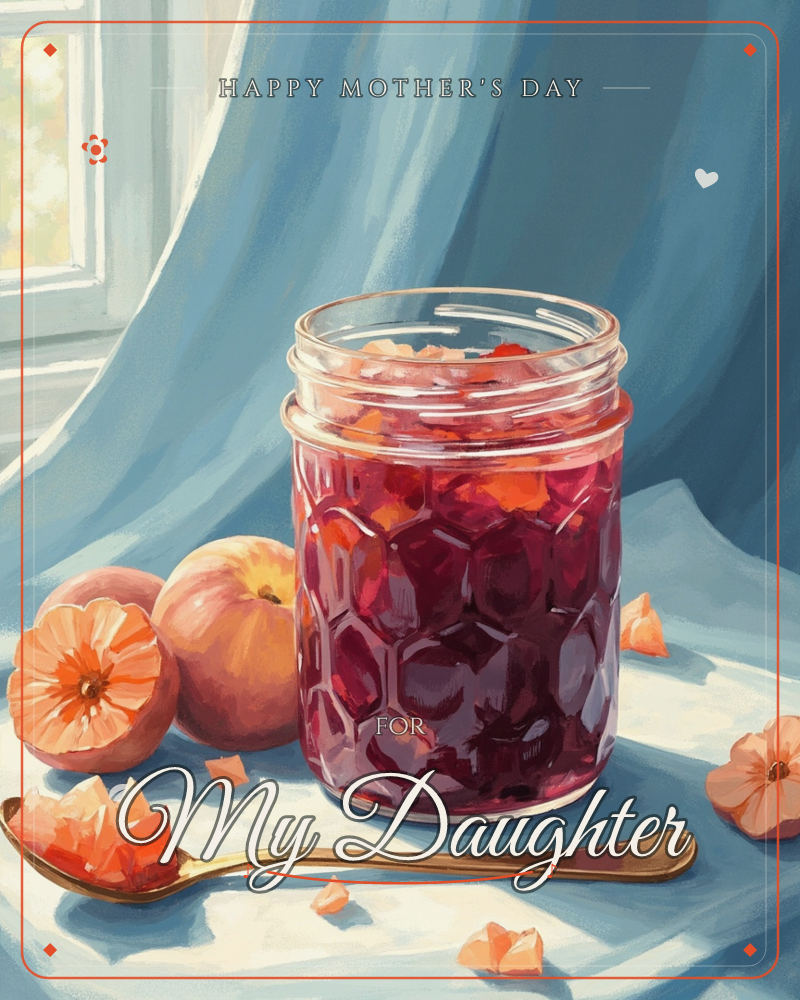 A glass jar of deep red preserves catches the sunlight on a pale blue cloth, with two ripe peaches and a scattering of golden peach skins nearby, a mothersday e-card design
