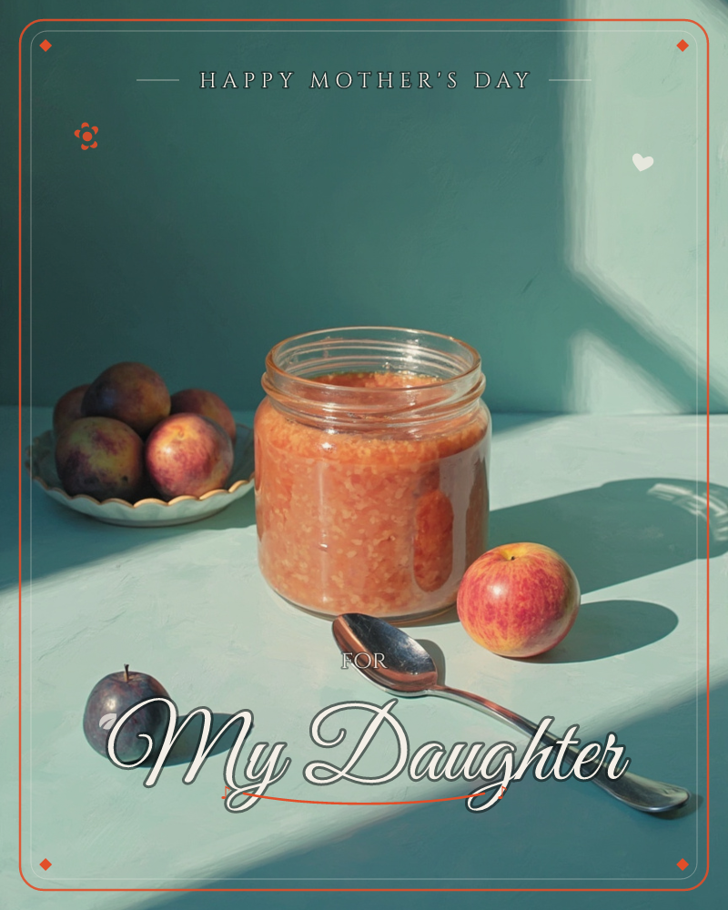 An open jar of homemade plum jam sits on a soft mint-green table, sunlight cutting sharp window-shaped shadows across the surface, a mothersday e-card design