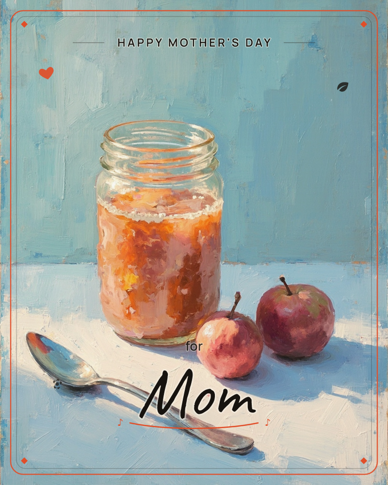 A jar of homemade apricot-coloured preserve sits open on a pale tabletop, its glass catching warm amber light, with two small crab apples and a silver…, a mothersday e-card design