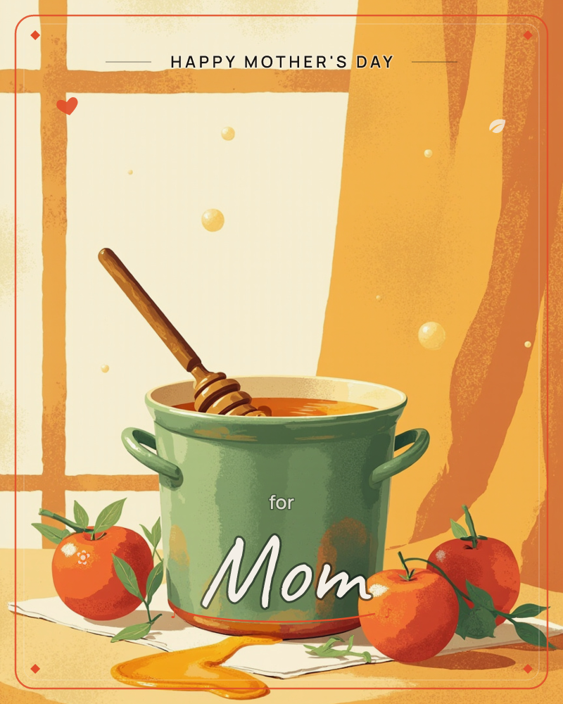 A sage-green pot sits on a sunlit windowsill with a wooden honey dipper resting inside, sticky drips pooling onto a cloth below, a mothersday e-card design