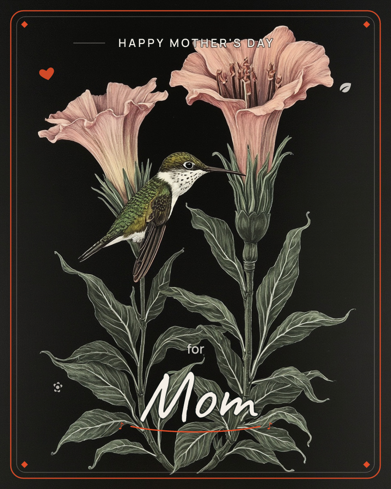 A hummingbird with an olive-green back and speckled white throat hovers beside two large trumpet-shaped pink flowers, its long beak reaching toward the…, a mothersday e-card design