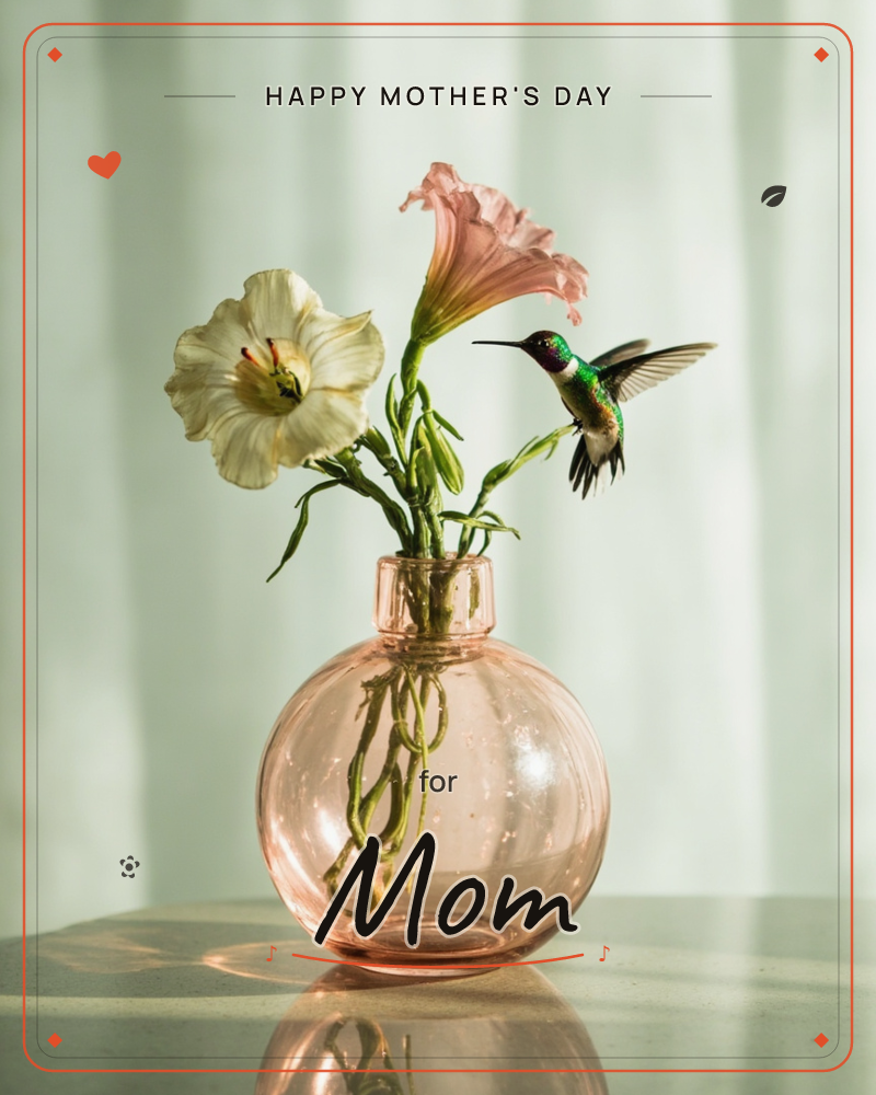 A round, blush-pink glass vase holds two trumpet-shaped flowers, one cream and one coral-pink, their stems visible through the water, a mothersday e-card design