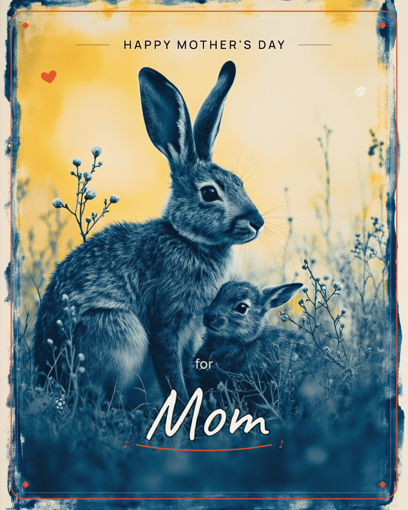 A large hare and a smaller young rabbit sit side by side in tall grass, rendered in deep indigo-blue tones against a glowing amber-gold sky, a mothersday e-card design
