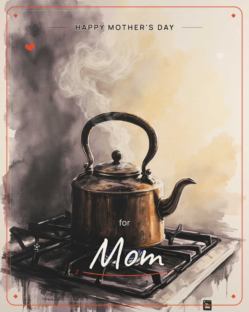 A copper kettle sits on a lit gas stove, steam curling upward in soft grey wisps against a warm, hazy background, a mothersday e-card design