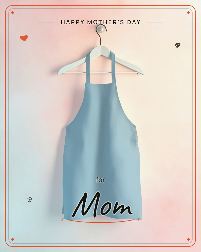 A pale dusty-blue apron hangs from a white wooden hanger against a soft cloudlike backdrop of blush pink and mint, a mothersday e-card design
