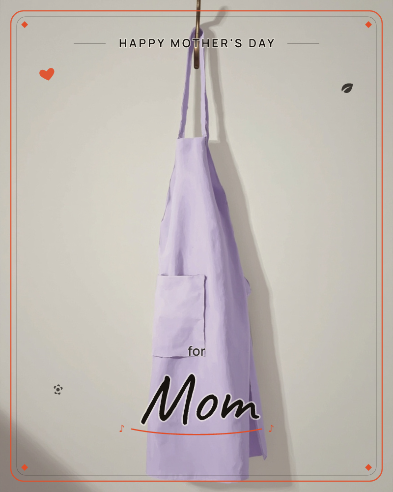 A simple lilac linen apron hangs from a brass hook against a plain pale wall, its long strap and single front pocket casting soft shadows in the…, a mothersday e-card design