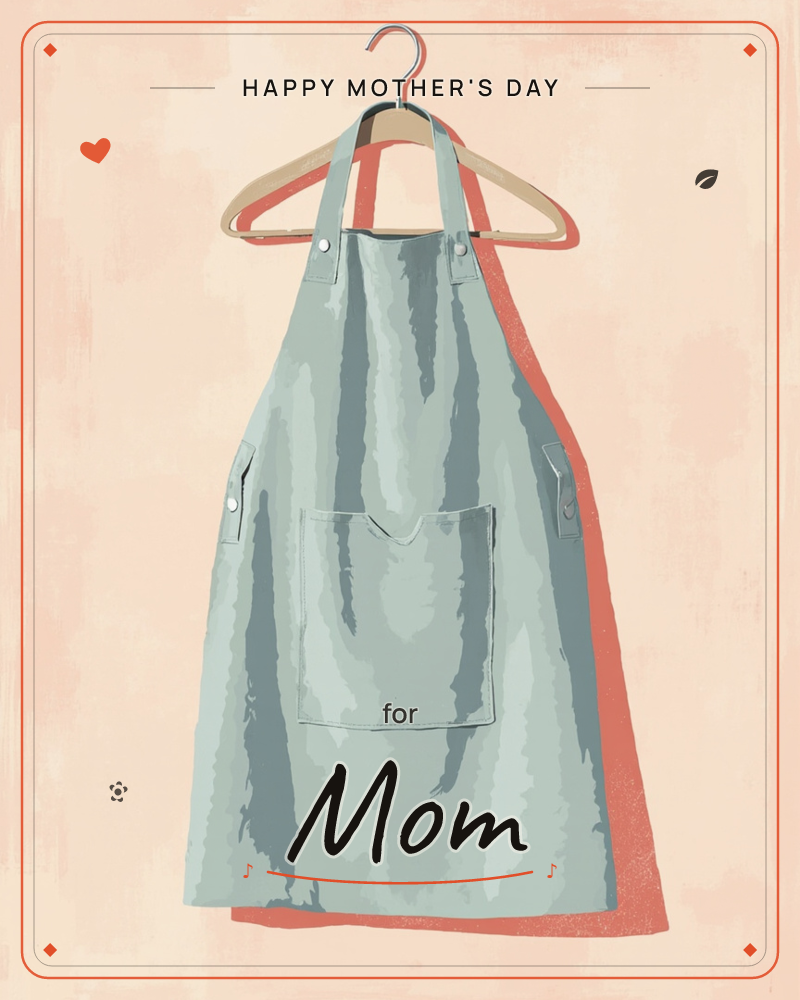 A sage-green canvas apron hangs from a wooden hanger against a warm peach wall, its long red-orange shadow stretching sideways like a second garment, a mothersday e-card design
