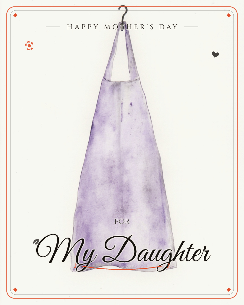 A single apron hangs from a small black hook against a bare cream background, its lavender fabric mottled with soft watercolour blooms of deeper violet…, a mothersday e-card design