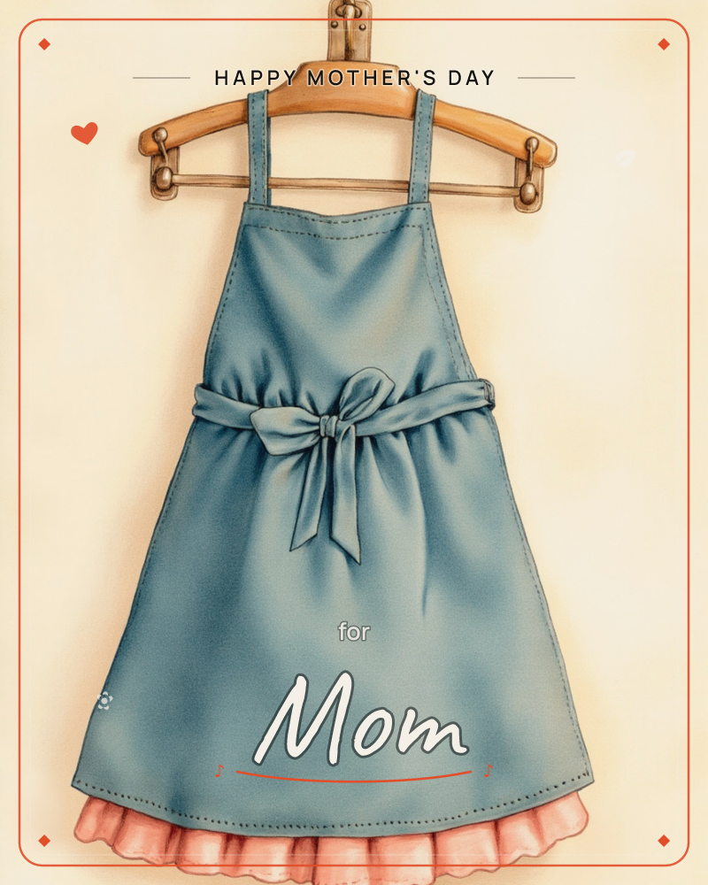 A dusty-blue pinafore dress hangs from a wooden hanger against a soft cream background, its waist cinched with a neatly tied bow and a ruffle of pale…, a mothersday e-card design