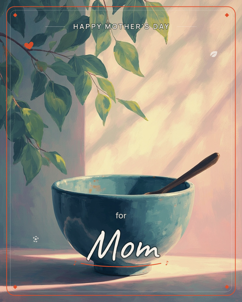 A weathered blue ceramic bowl with a wooden spoon rests on a sunlit surface, a leafy branch draped overhead casting soft dappled shadows across a warm…, a mothersday e-card design