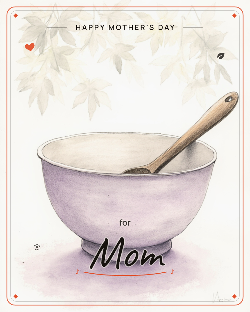 A soft lavender-toned mixing bowl sits centre stage with a wooden spoon resting inside, its handle propped against the rim, a mothersday e-card design