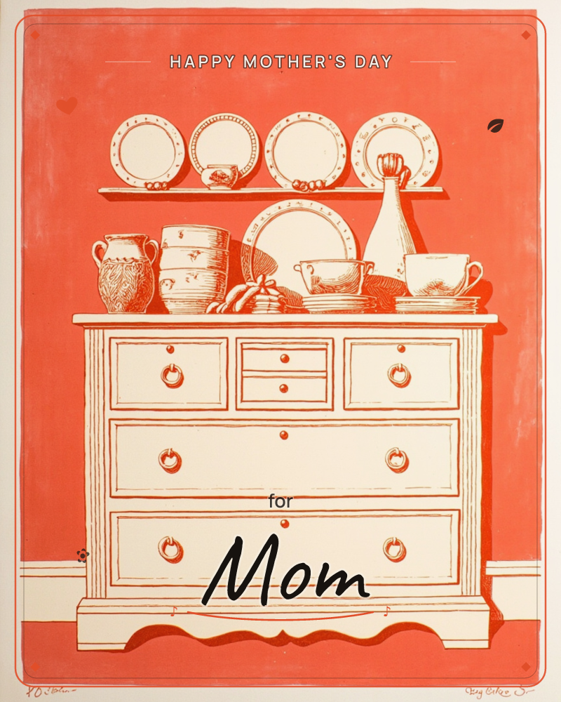 A line-drawn dresser stands against a bold coral-red wall, its top crowded with stacked bowls, teacups, a jug, a decanter, and patterned plates…, a mothersday e-card design
