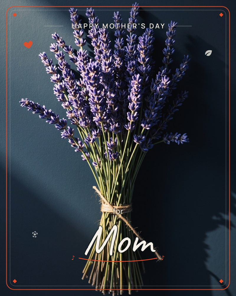 A bundle of lavender stems, tied at the base with rough twine, hangs against a deep slate-blue wall, a mothersday e-card design